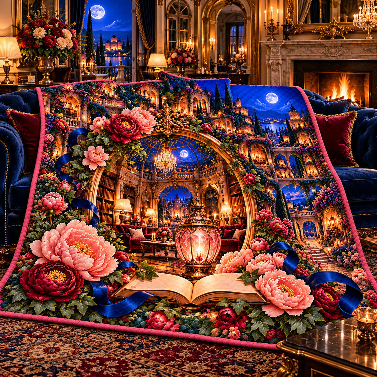 Peony Grand Salon Oculus Quilt Blanket with printed optical 3D artwork in its use setting