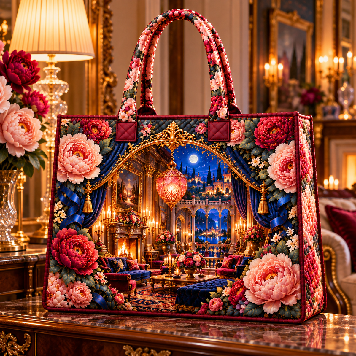 Peony Grand Salon Oculus Quilted Tote Bag with printed optical 3D artwork in its use setting