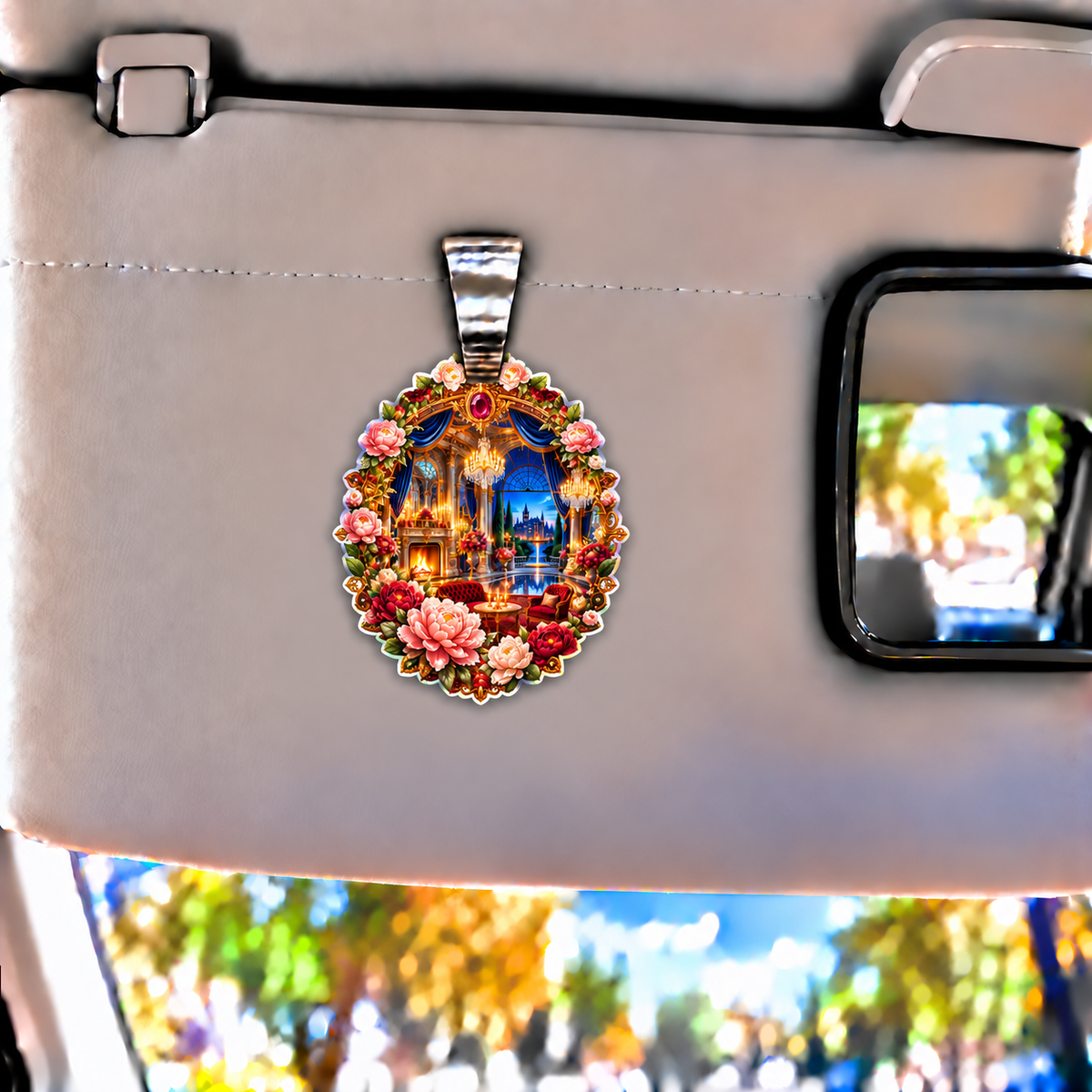 Peony Grand Salon Oculus Holographic Car Visor Clip with printed optical 3D artwork in its use setting