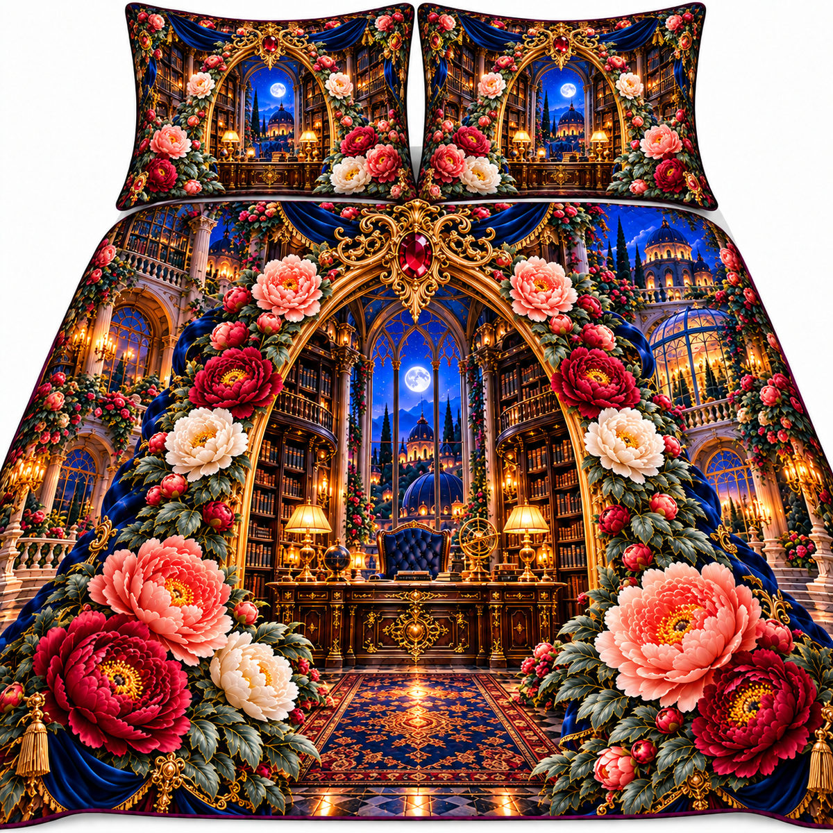Peony Scholar Atrium Portal Quilted Bedding Set with printed optical 3D artwork in its use setting