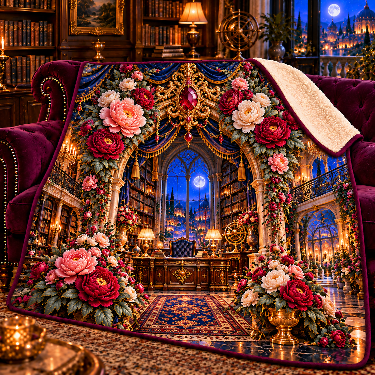 Peony Scholar Atrium Portal Sherpa & Fleece Blanket with printed optical 3D artwork in its use setting