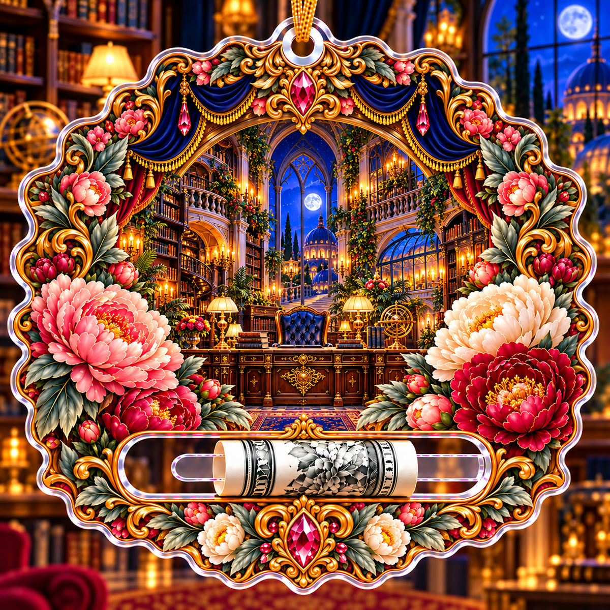Peony Scholar Atrium Portal Acrylic Cash Holder Ornament with printed optical 3D artwork in its use setting