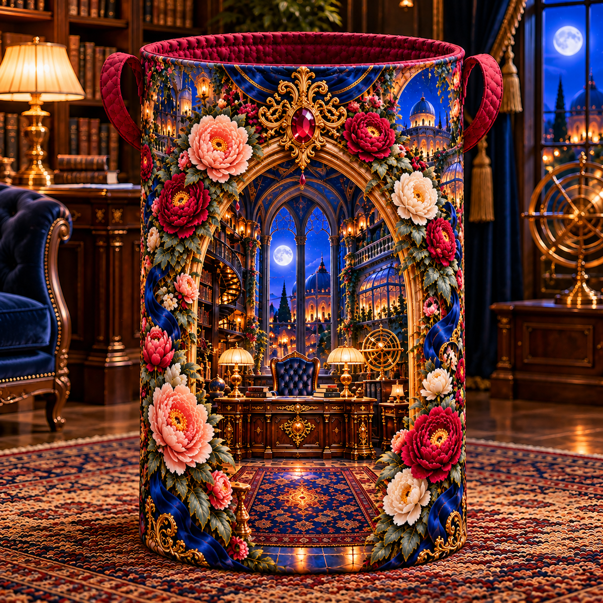 Peony Scholar Atrium Portal Laundry Hamper with printed optical 3D artwork in its use setting