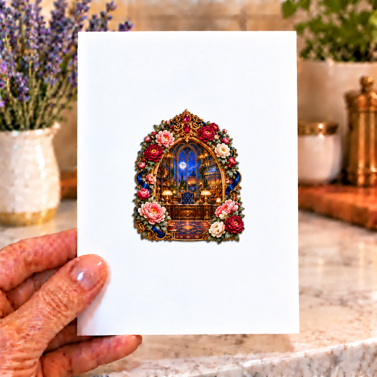Peony Scholar Atrium Portal Acrylic Refrigerator Magnet with printed optical 3D artwork in its use setting