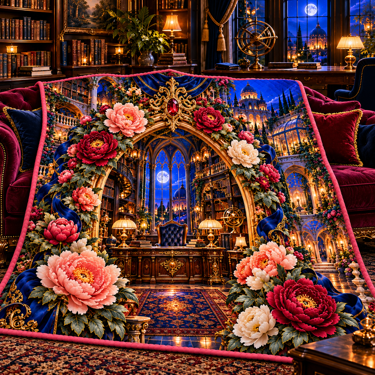 Peony Scholar Atrium Portal Quilt Blanket with printed optical 3D artwork in its use setting
