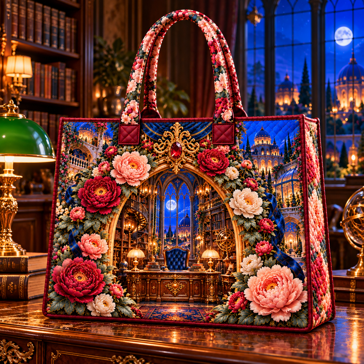 Peony Scholar Atrium Portal Quilted Tote Bag with printed optical 3D artwork in its use setting