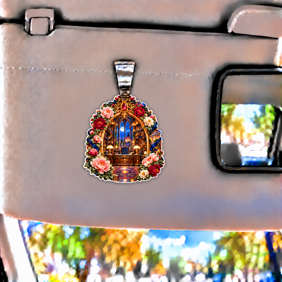 Peony Scholar Atrium Portal Holographic Car Visor Clip with printed optical 3D artwork in its use setting
