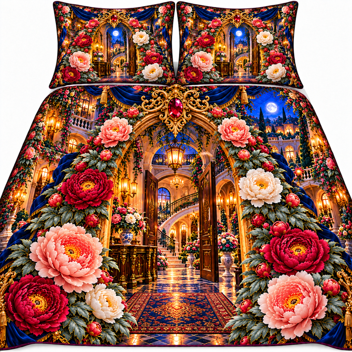 Peony New Home Key Portal Quilted Bedding Set with printed optical 3D artwork in its use setting