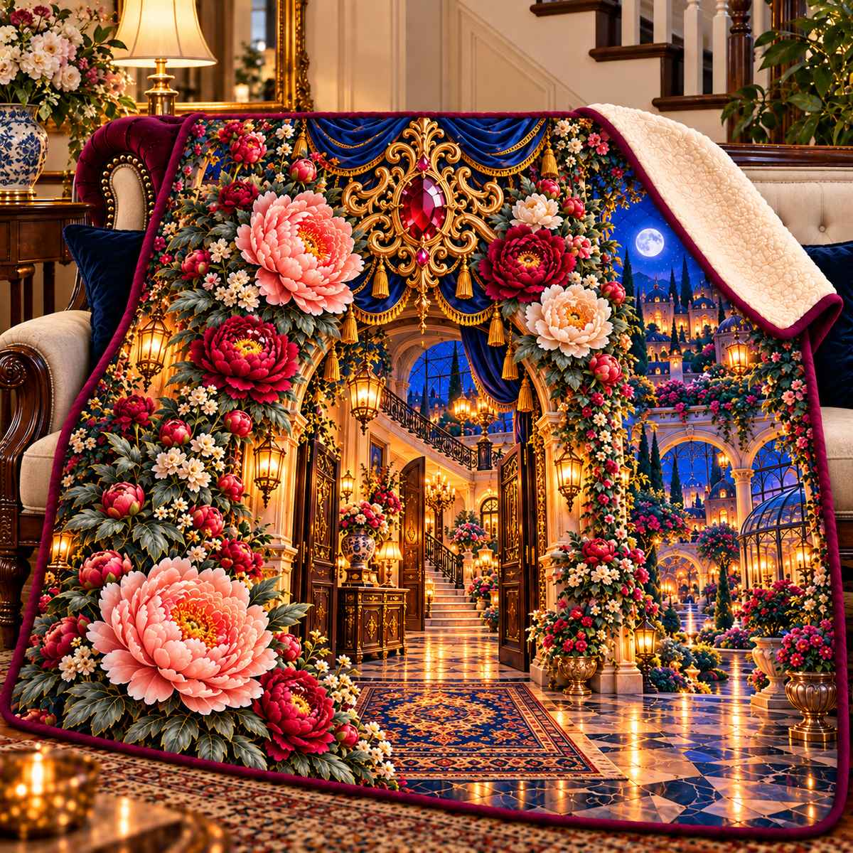 Peony New Home Key Portal Sherpa & Fleece Blanket with printed optical 3D artwork in its use setting