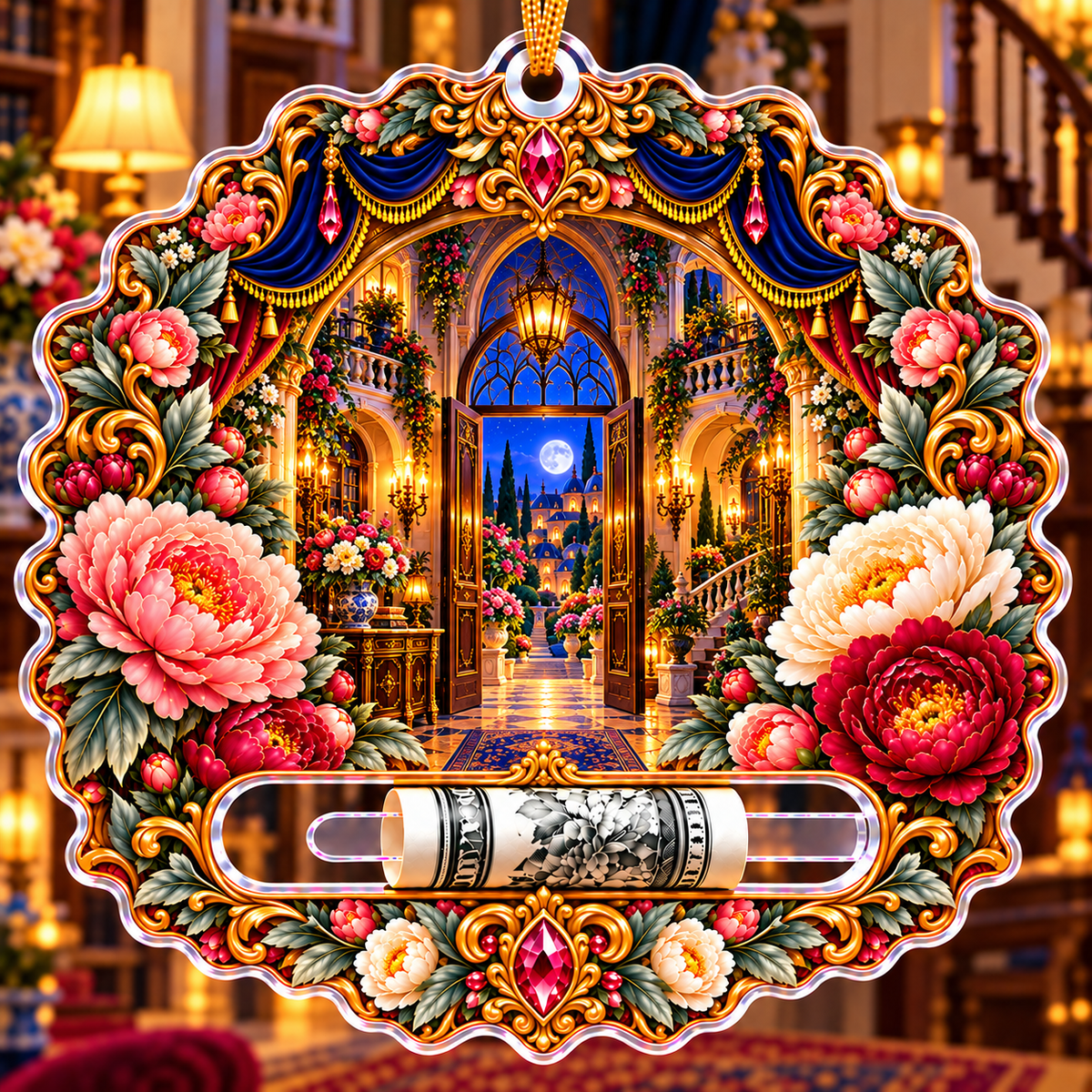 Peony New Home Key Portal Acrylic Cash Holder Ornament with printed optical 3D artwork in its use setting