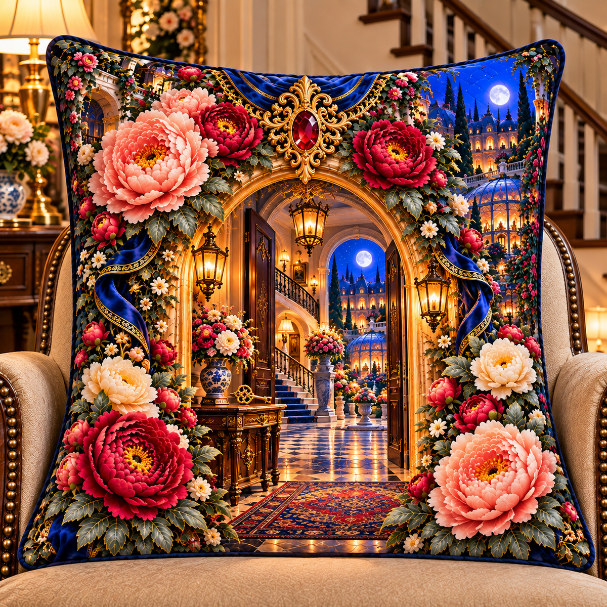 Peony New Home Key Portal Quilted Cushion Cover with printed optical 3D artwork in its use setting