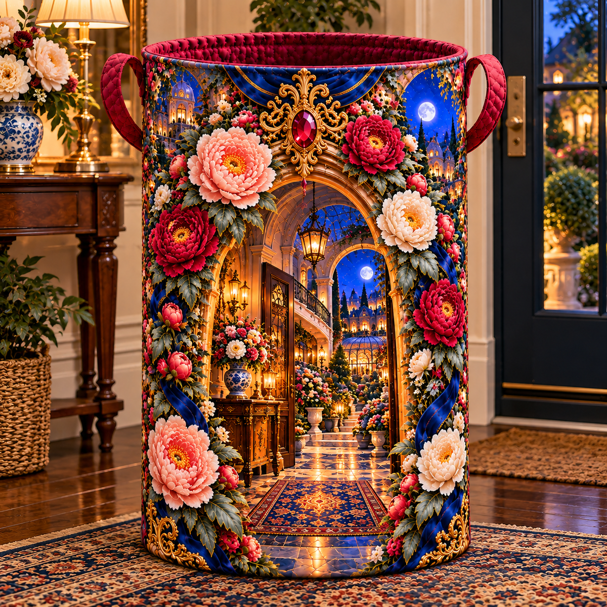 Peony New Home Key Portal Laundry Hamper with printed optical 3D artwork in its use setting