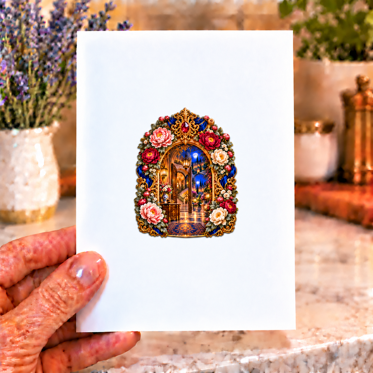 Peony New Home Key Portal Acrylic Refrigerator Magnet with printed optical 3D artwork in its use setting