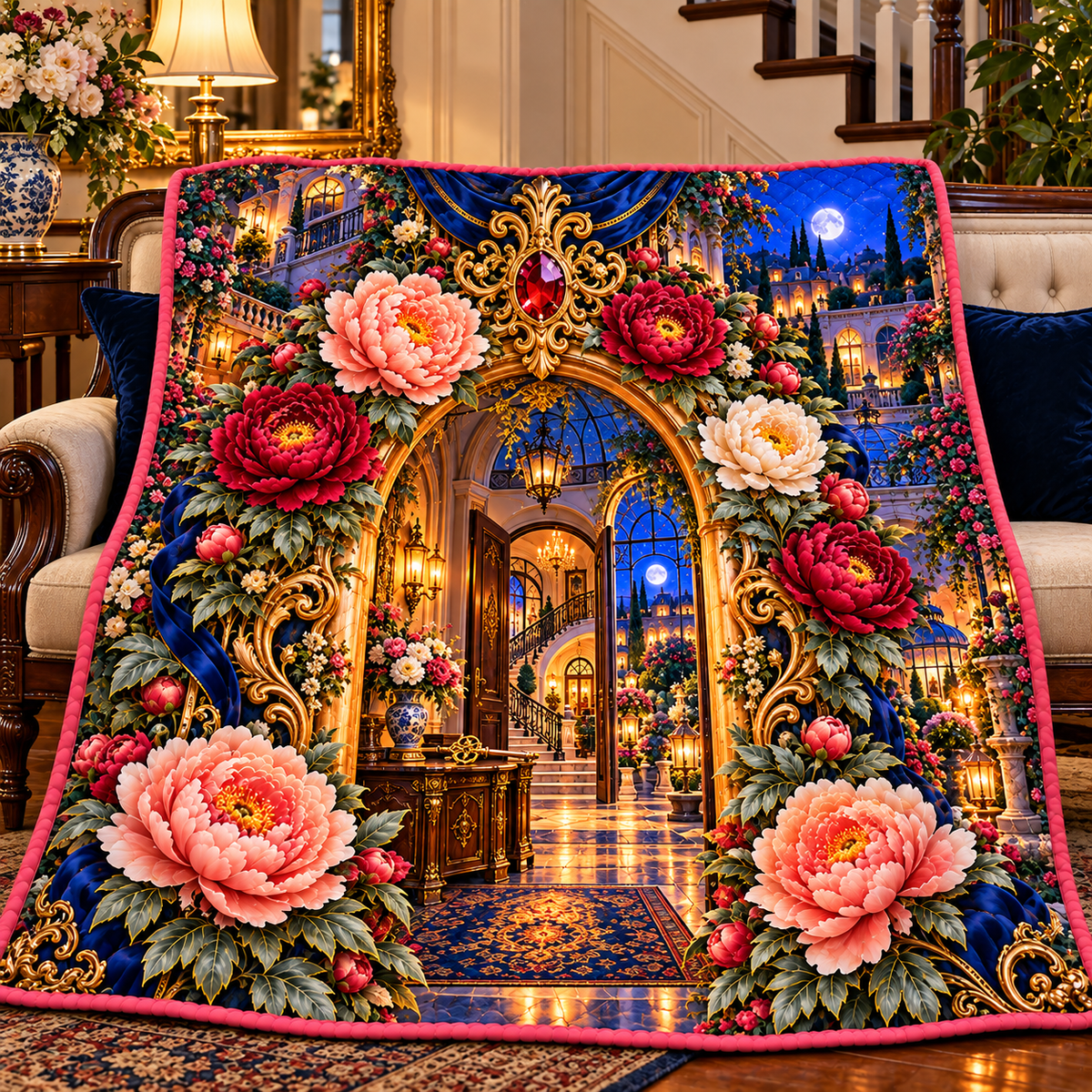 Peony New Home Key Portal Quilt Blanket with printed optical 3D artwork in its use setting