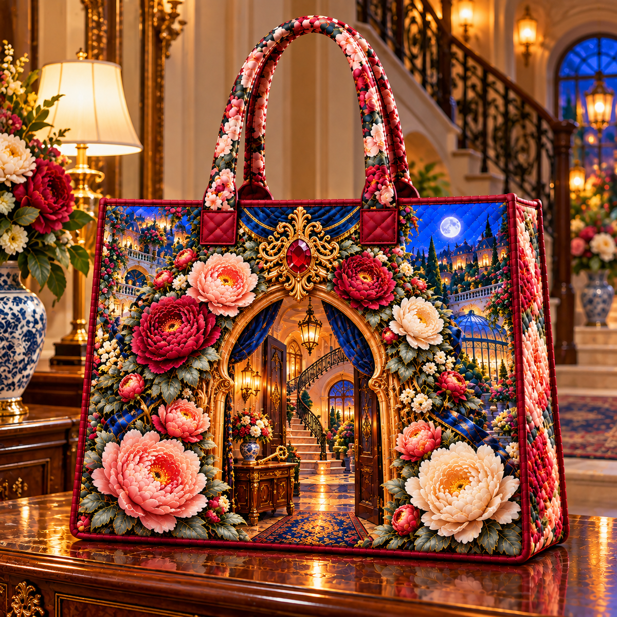 Peony New Home Key Portal Quilted Tote Bag with printed optical 3D artwork in its use setting