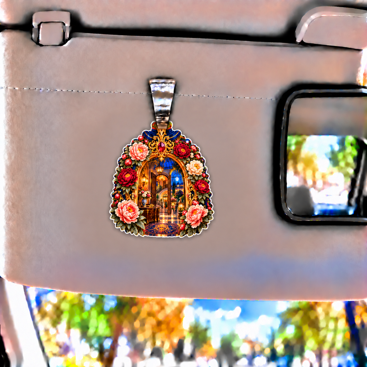 Peony New Home Key Portal Holographic Car Visor Clip with printed optical 3D artwork in its use setting