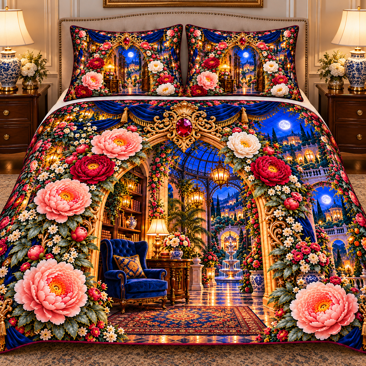 Peony Whisper Niche Quilted Bedding Set with printed optical 3D artwork in its use setting