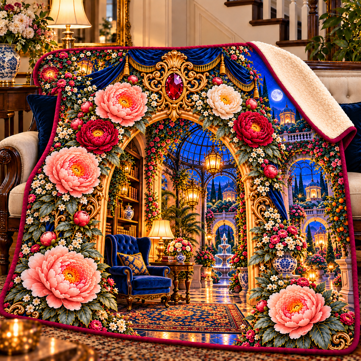 Peony Whisper Niche Sherpa & Fleece Blanket with printed optical 3D artwork in its use setting