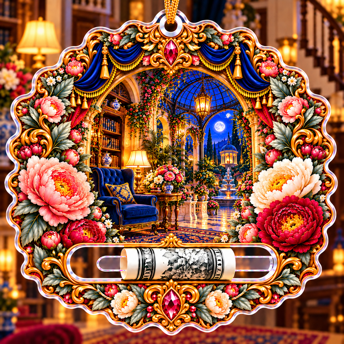Peony Whisper Niche Acrylic Cash Holder Ornament with printed optical 3D artwork in its use setting