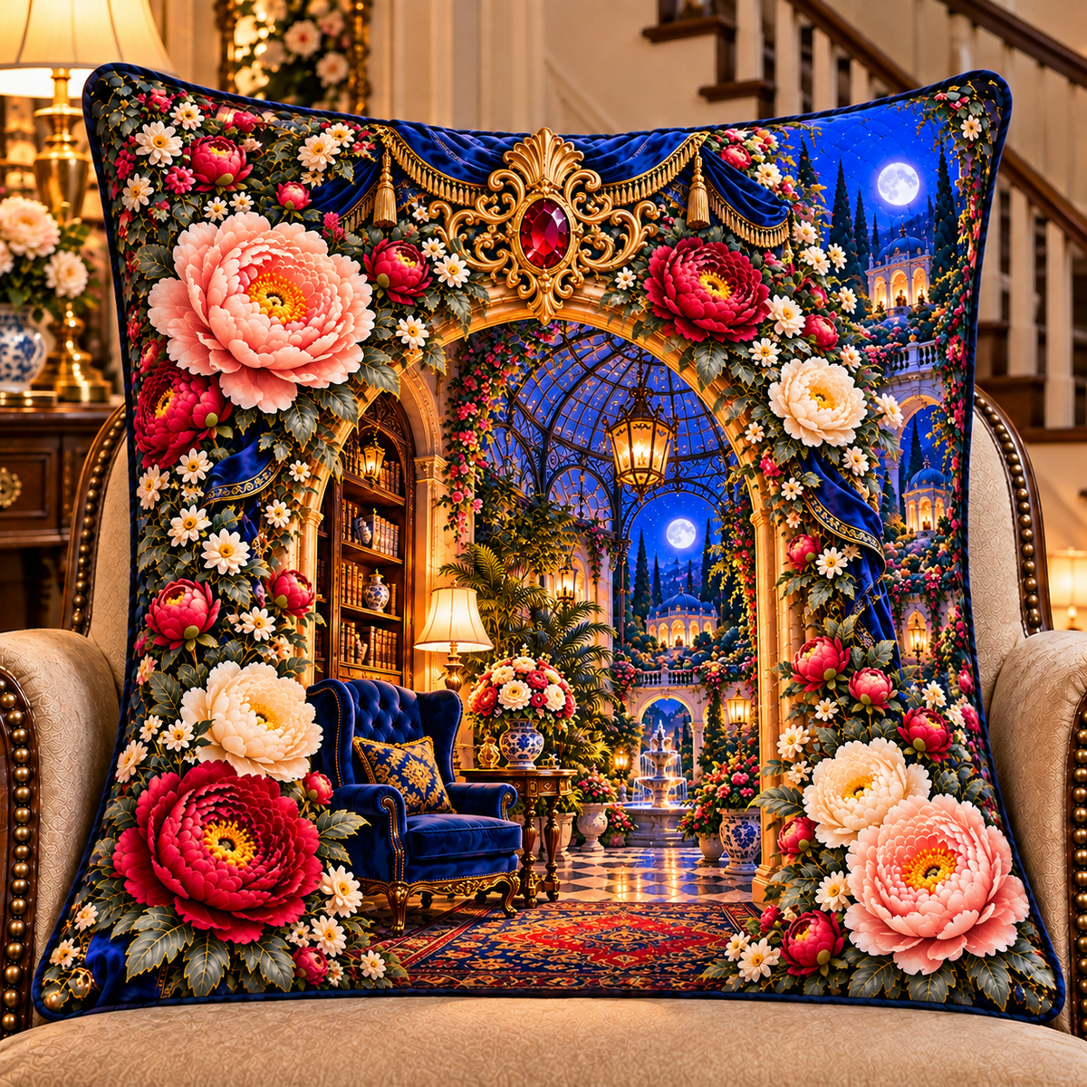 Peony Whisper Niche Quilted Cushion Cover with printed optical 3D artwork in its use setting