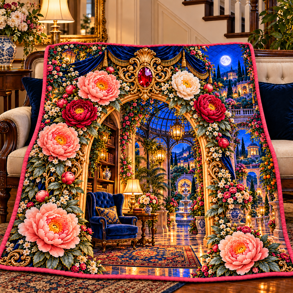 Peony Whisper Niche Quilt Blanket with printed optical 3D artwork in its use setting