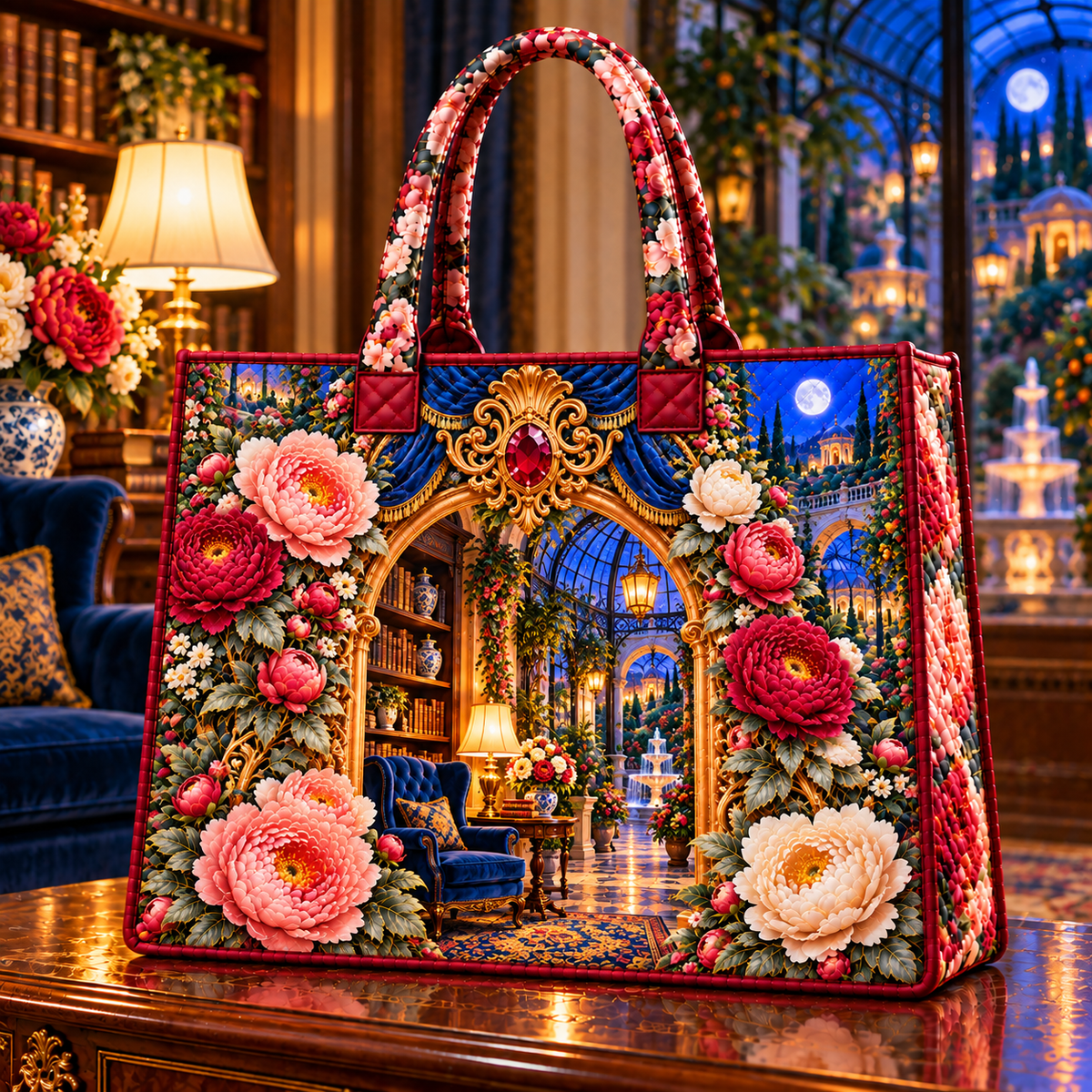 Peony Whisper Niche Quilted Tote Bag with printed optical 3D artwork in its use setting