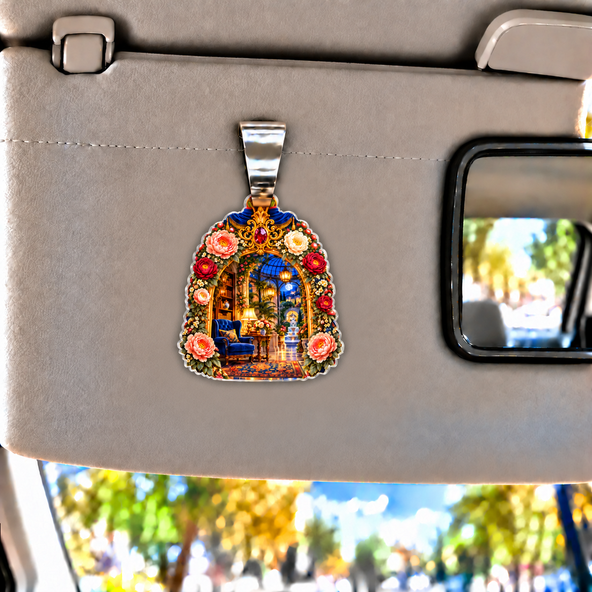 Peony Whisper Niche Holographic Car Visor Clip with printed optical 3D artwork in its use setting