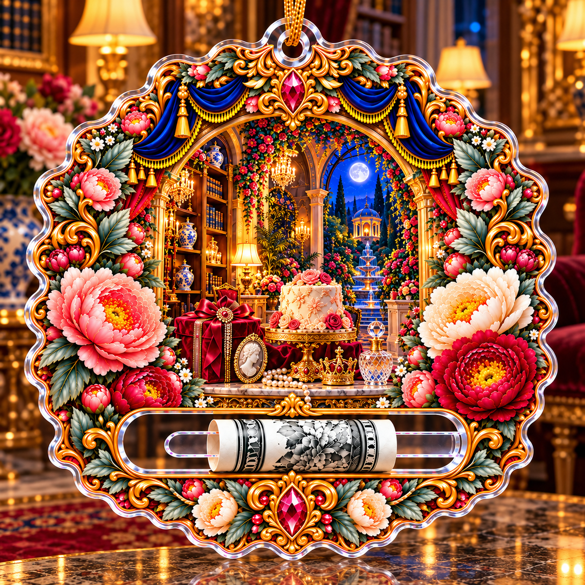 Peony Birthday Reliquary Acrylic Cash Holder Ornament with printed optical 3D artwork in its use setting