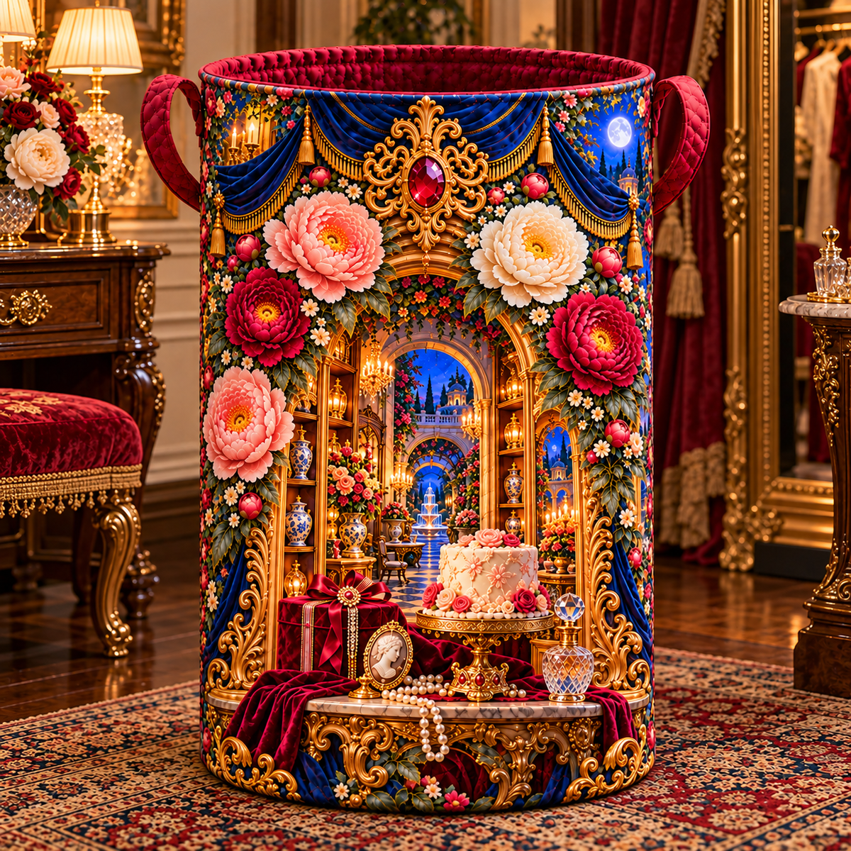 Peony Birthday Reliquary Laundry Hamper with printed optical 3D artwork in its use setting