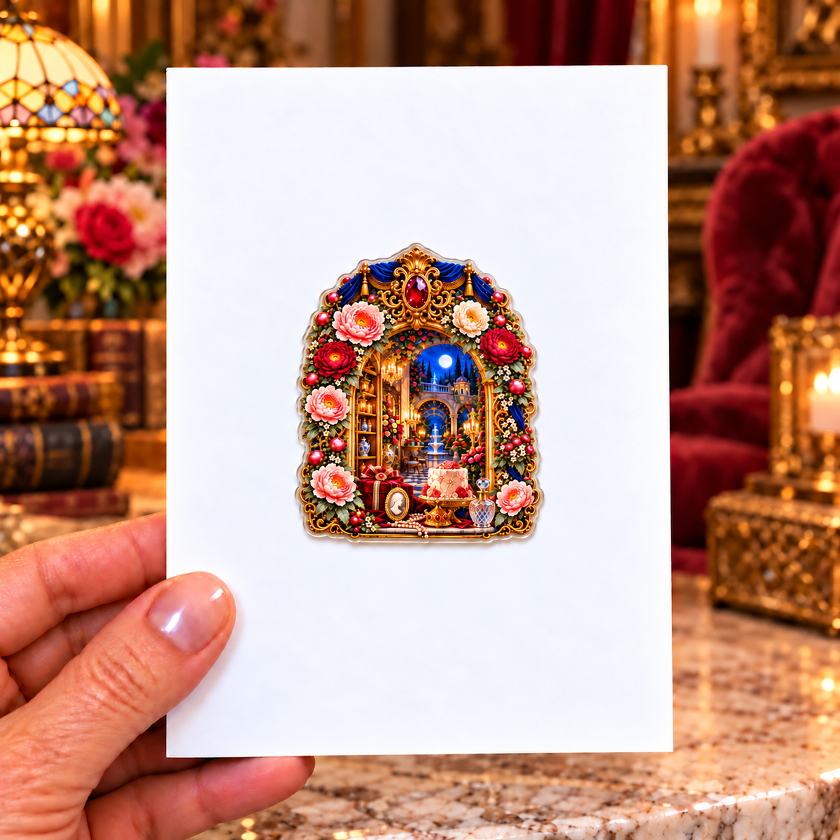 Peony Birthday Reliquary Acrylic Refrigerator Magnet with printed optical 3D artwork in its use setting