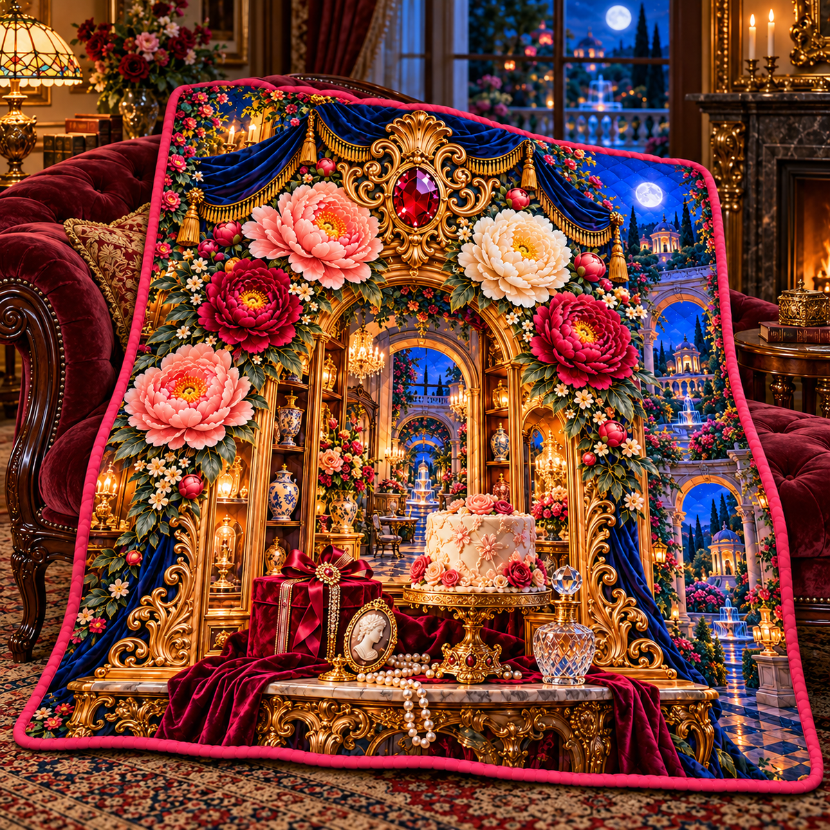 Peony Birthday Reliquary Quilt Blanket with printed optical 3D artwork in its use setting
