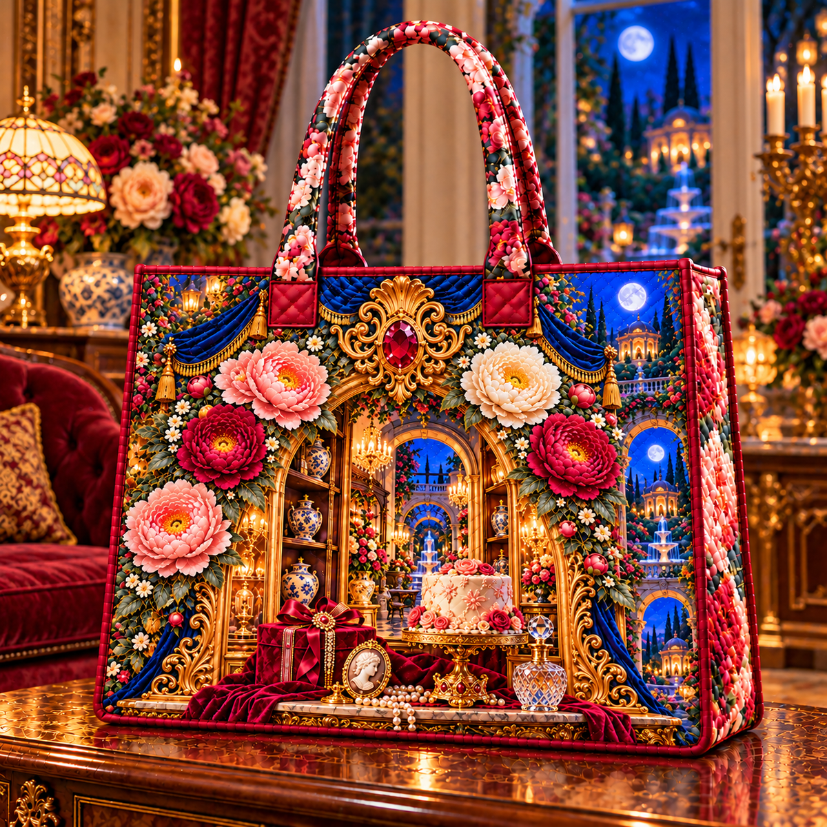 Peony Birthday Reliquary Quilted Tote Bag with printed optical 3D artwork in its use setting