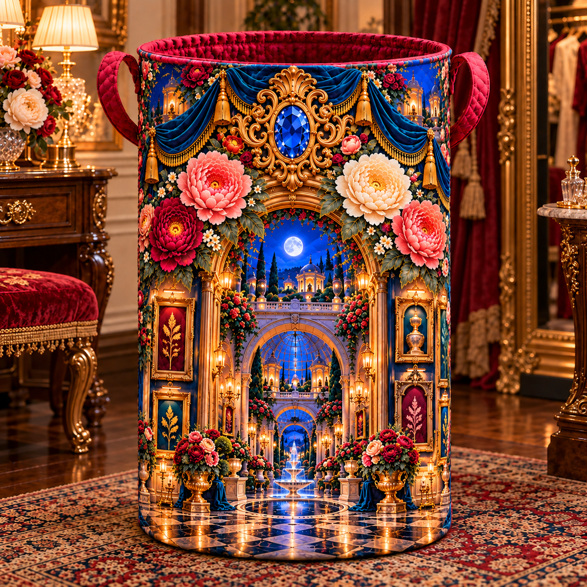 Peony Gallery Portal Laundry Hamper with printed optical 3D artwork in its use setting