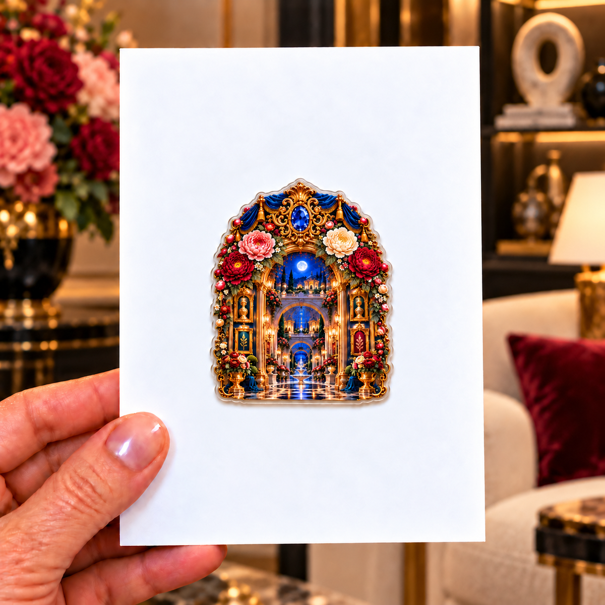 Peony Gallery Portal Acrylic Refrigerator Magnet with printed optical 3D artwork in its use setting