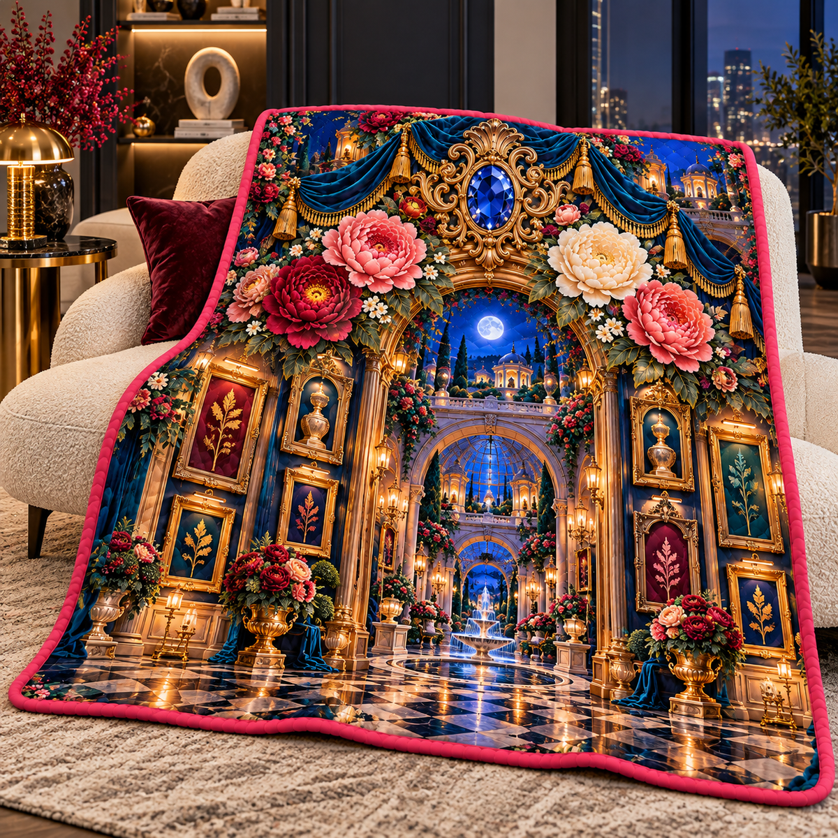 Peony Gallery Portal Quilt Blanket with printed optical 3D artwork in its use setting