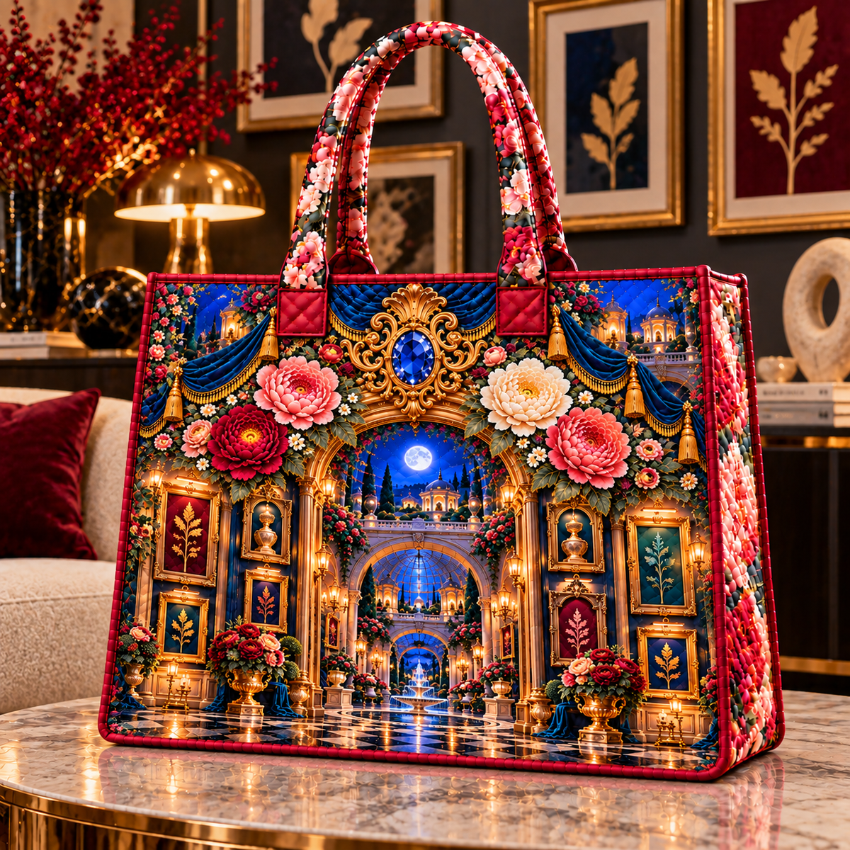 Peony Gallery Portal Quilted Tote Bag with printed optical 3D artwork in its use setting