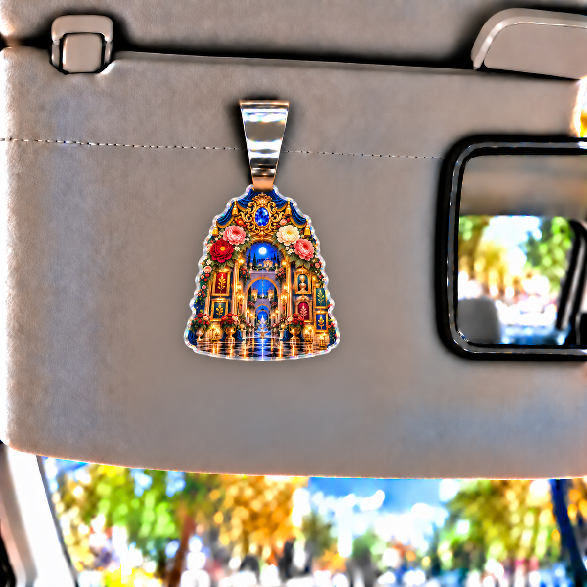 Peony Gallery Portal Holographic Car Visor Clip with printed optical 3D artwork in its use setting