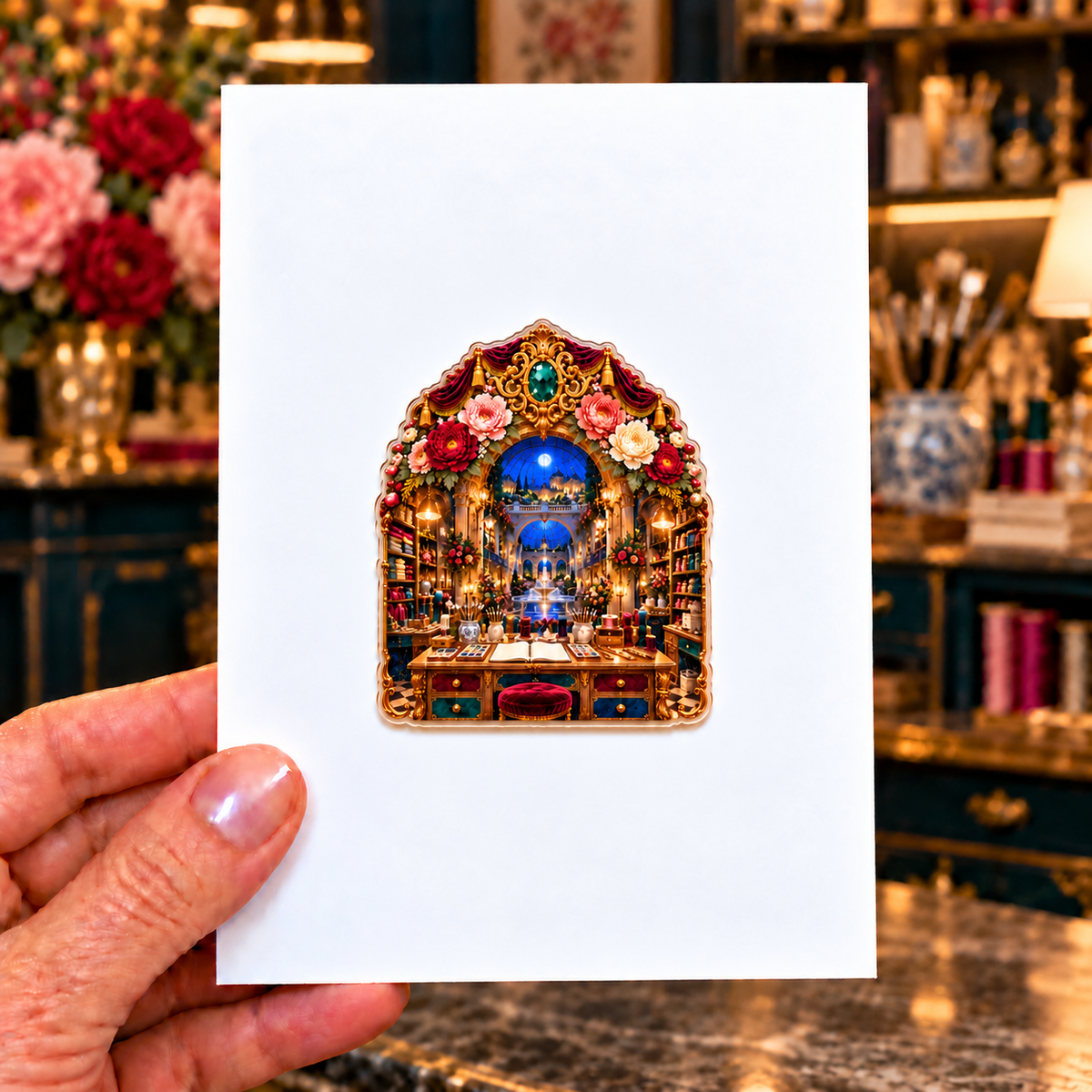 Peony Maker Atelier Acrylic Refrigerator Magnet with printed optical 3D artwork in its use setting