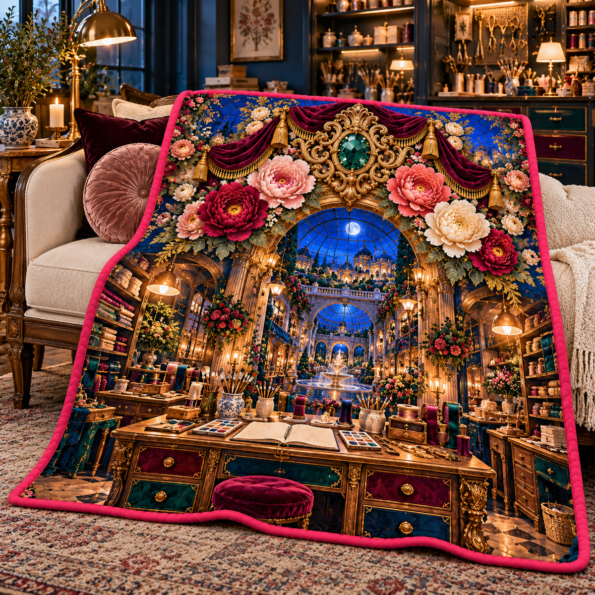 Peony Maker Atelier Quilt Blanket with printed optical 3D artwork in its use setting