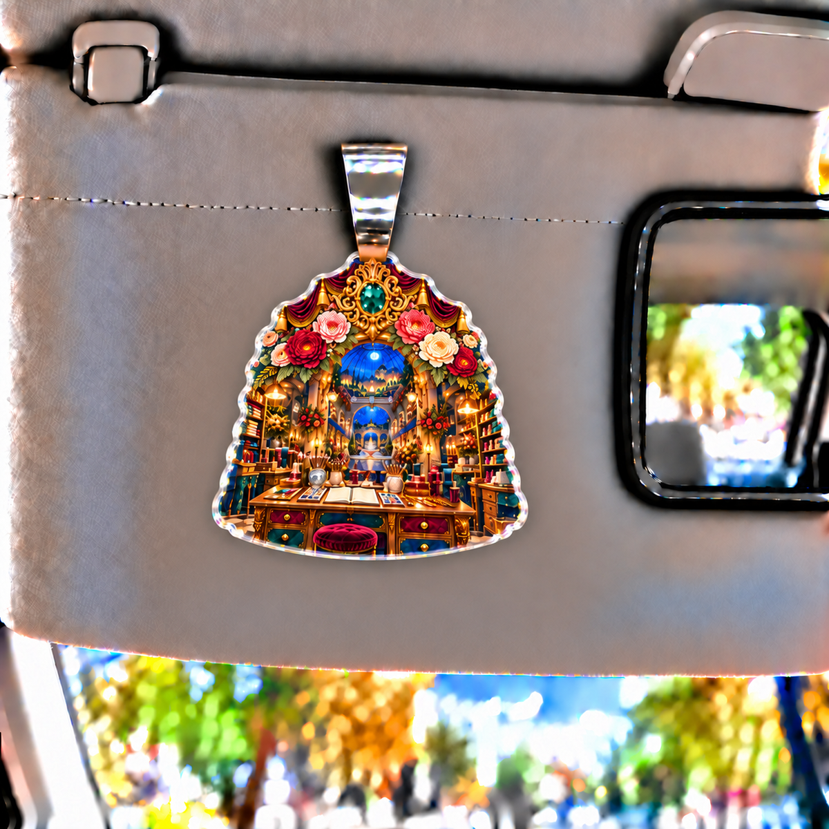 Peony Maker Atelier Holographic Car Visor Clip with printed optical 3D artwork in its use setting