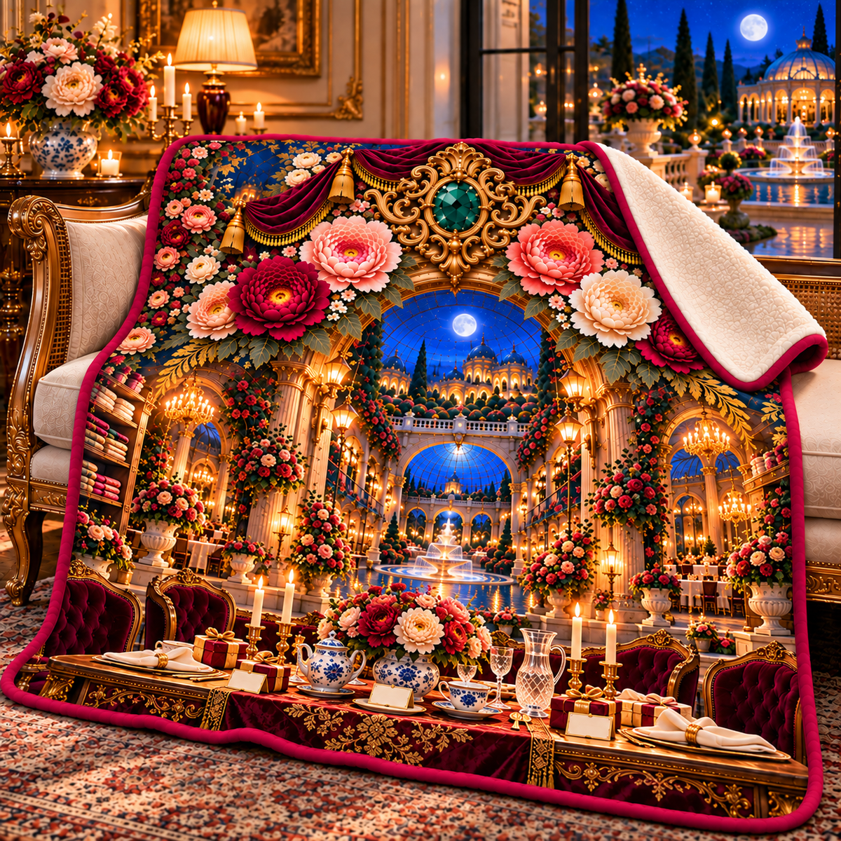 Peony Gracious Host Salon Sherpa & Fleece Blanket with printed optical 3D artwork in its use setting