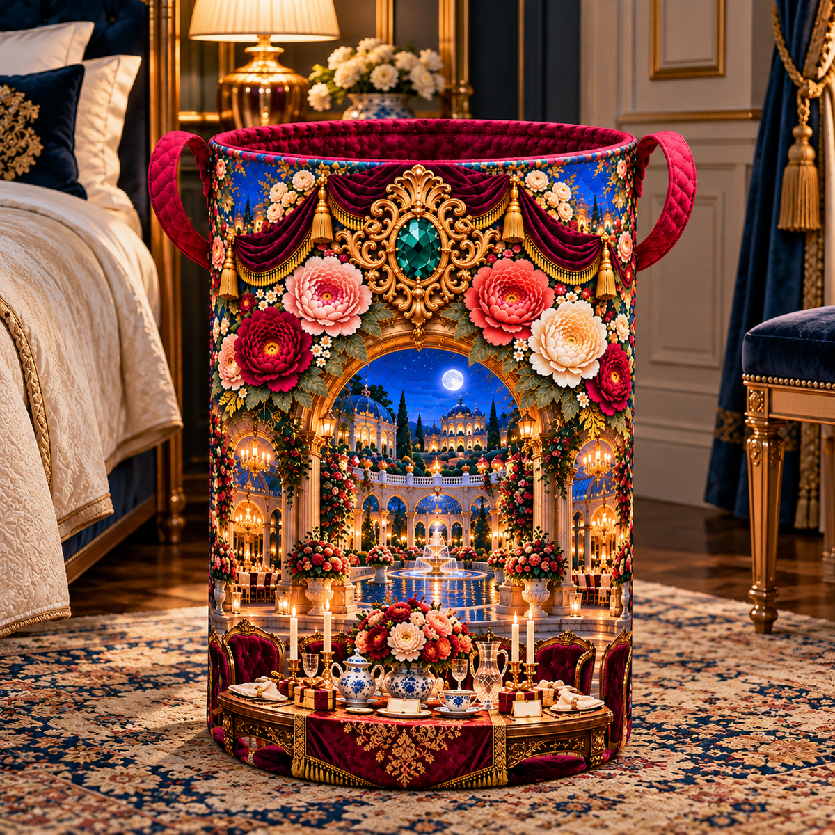 Peony Gracious Host Salon Laundry Hamper with printed optical 3D artwork in its use setting