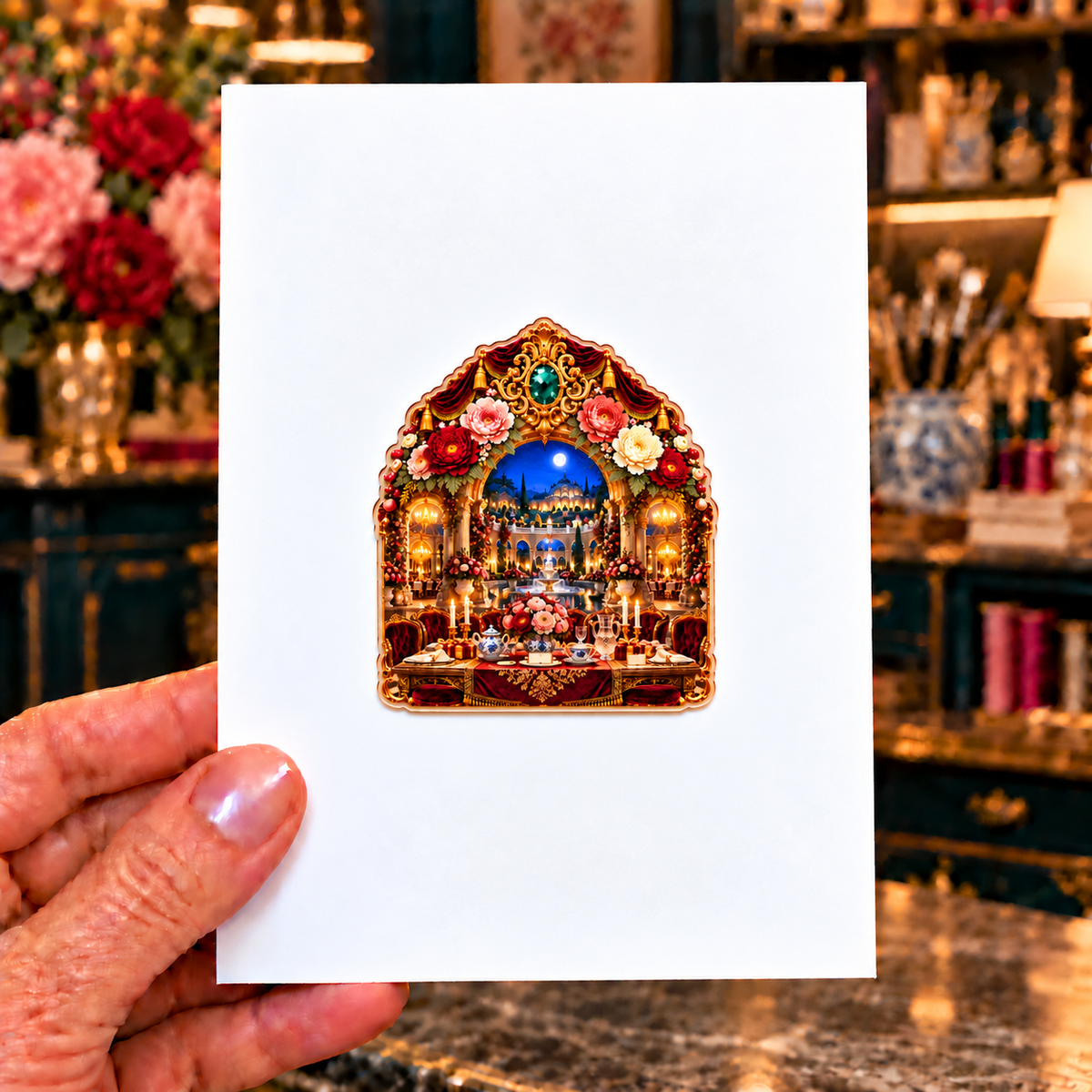Peony Gracious Host Salon Acrylic Refrigerator Magnet with printed optical 3D artwork in its use setting