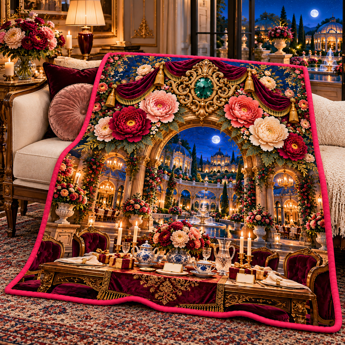 Peony Gracious Host Salon Quilt Blanket with printed optical 3D artwork in its use setting