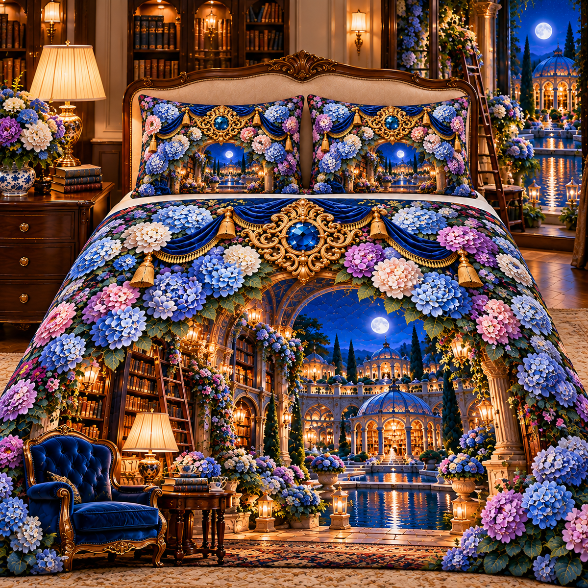 Hydrangea Library Alcove Quilted Bedding Set with printed optical 3D artwork in its use setting