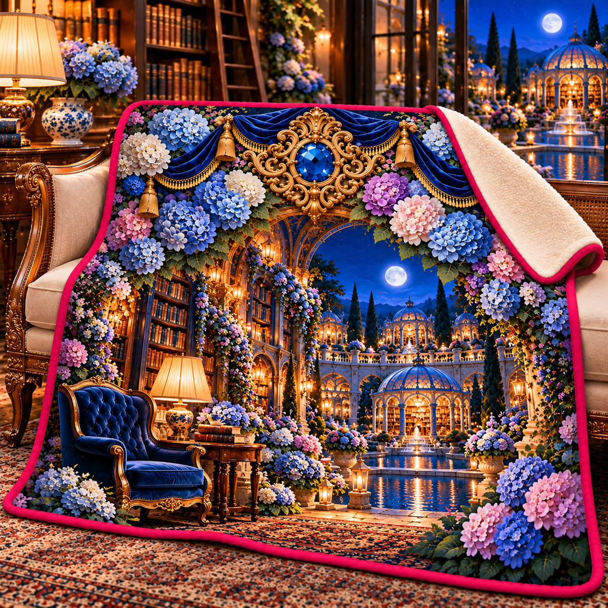 Hydrangea Library Alcove Sherpa & Fleece Blanket with printed optical 3D artwork in its use setting