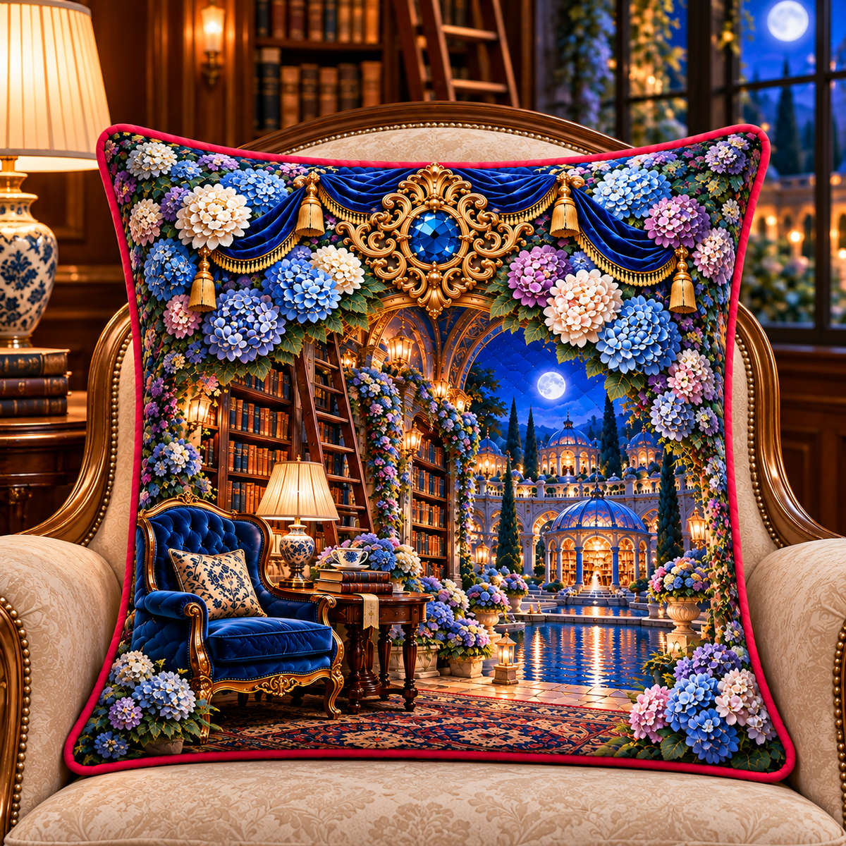 Hydrangea Library Alcove Quilted Cushion Cover with printed optical 3D artwork in its use setting