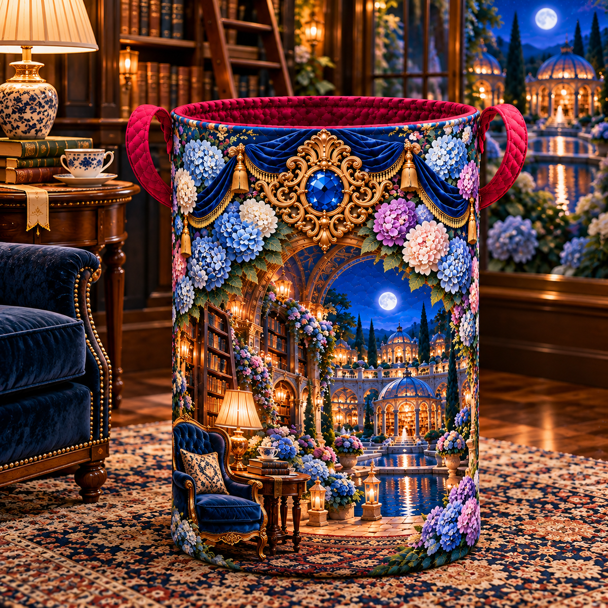 Hydrangea Library Alcove Laundry Hamper with printed optical 3D artwork in its use setting