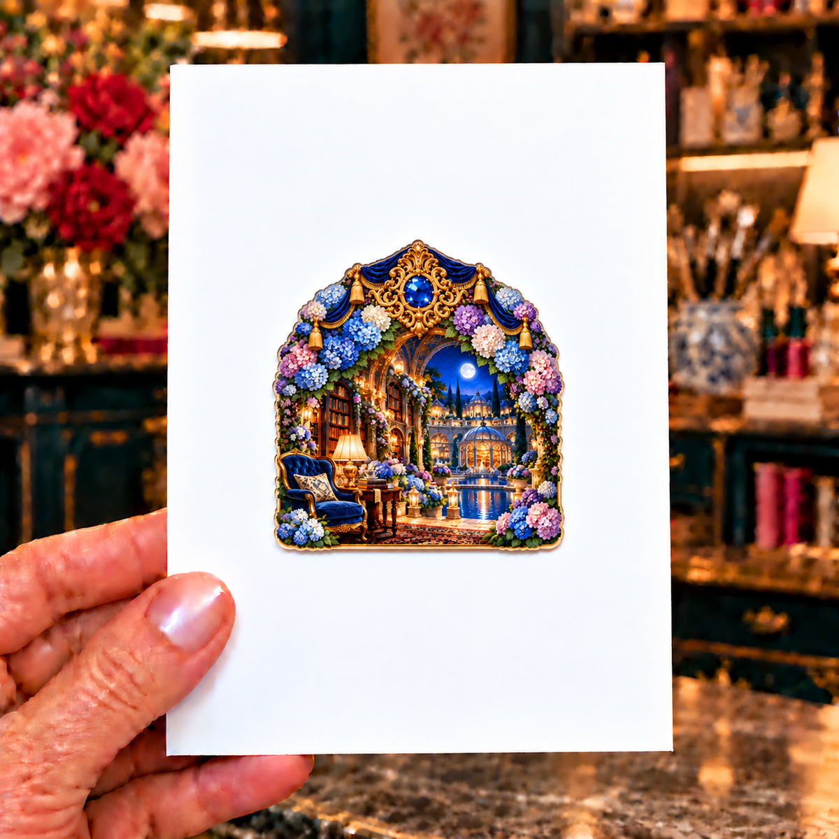 Hydrangea Library Alcove Acrylic Refrigerator Magnet with printed optical 3D artwork in its use setting
