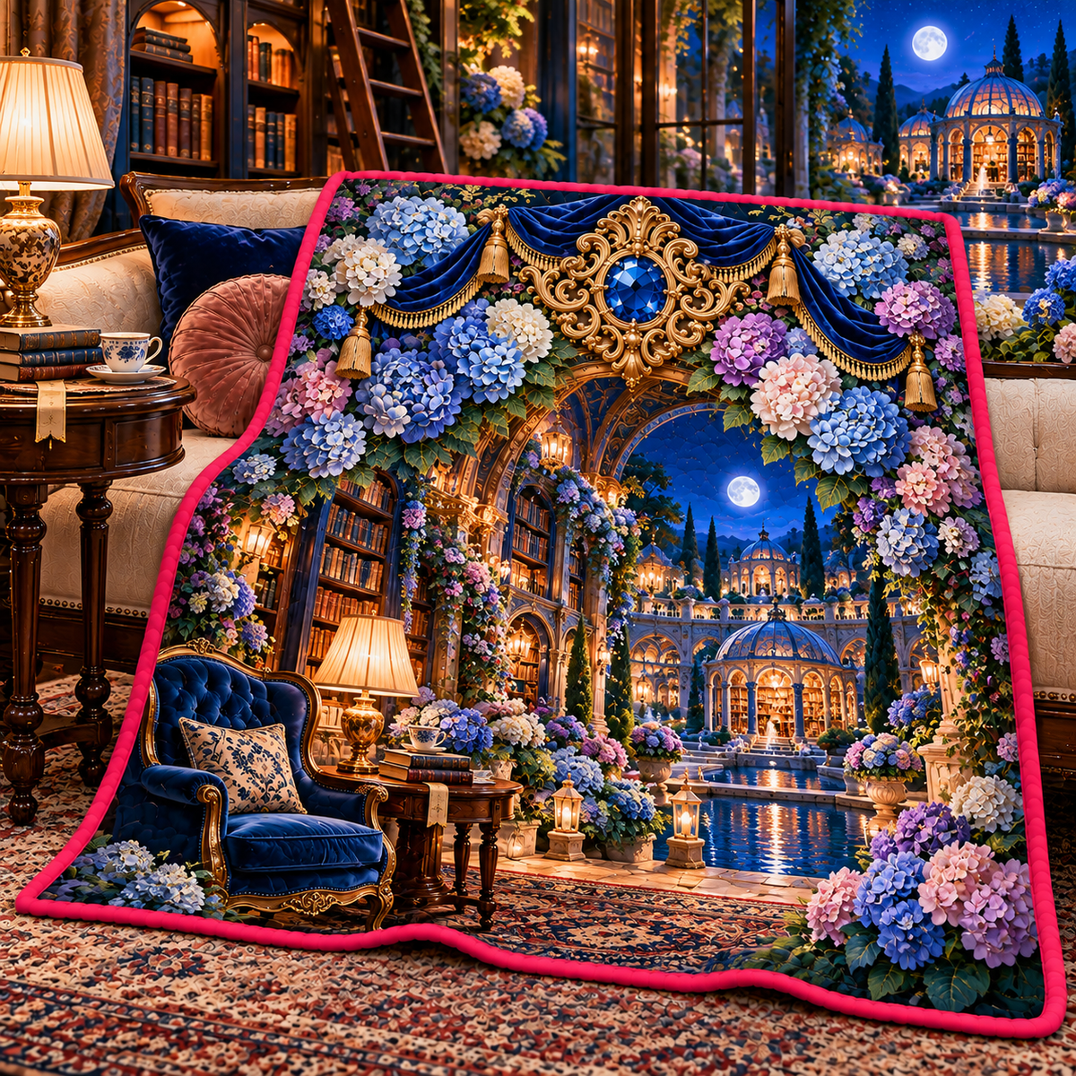 Hydrangea Library Alcove Quilt Blanket with printed optical 3D artwork in its use setting